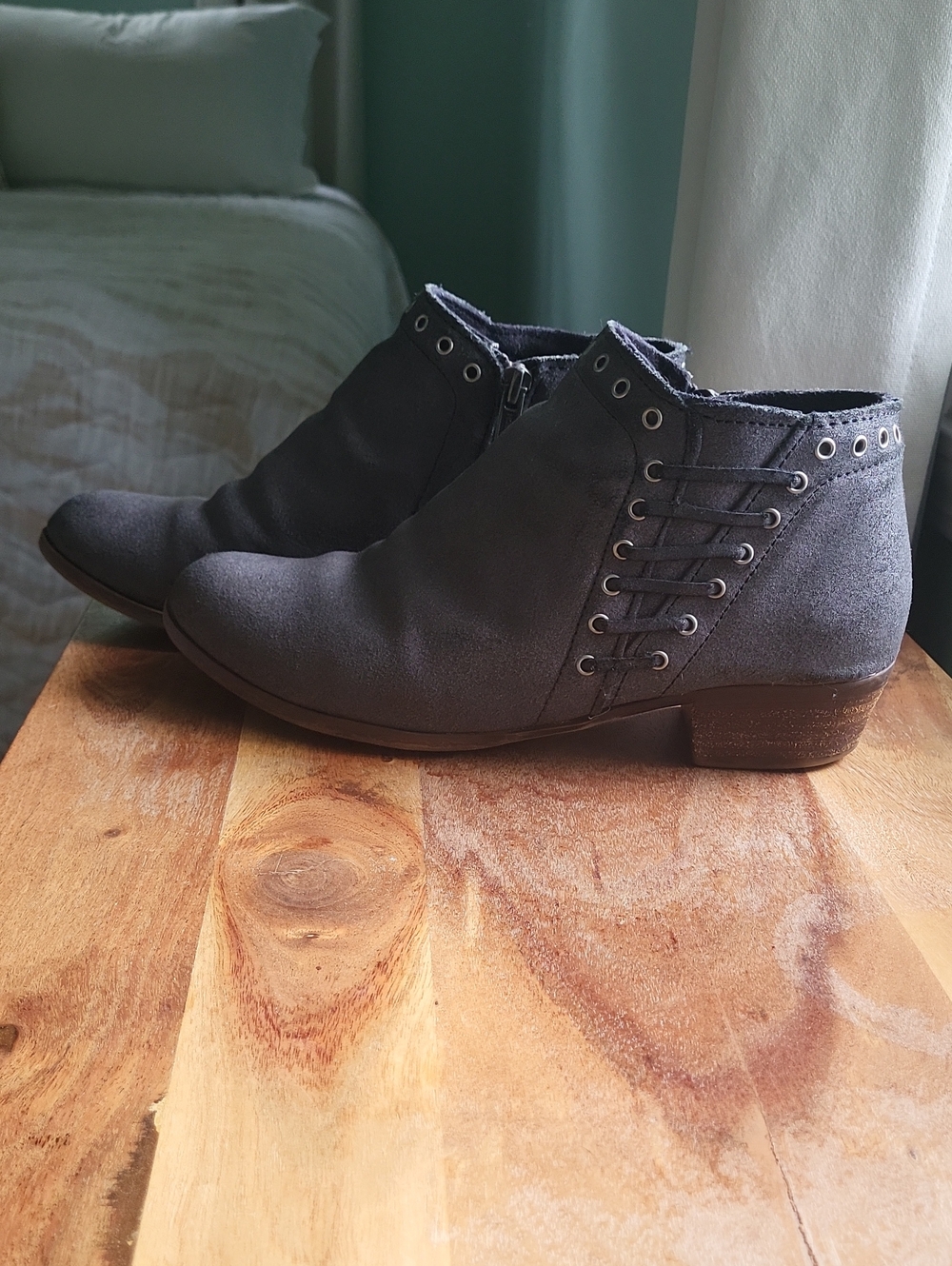 Minnetonka Gray Suede Lace-Trim Ankle Booties